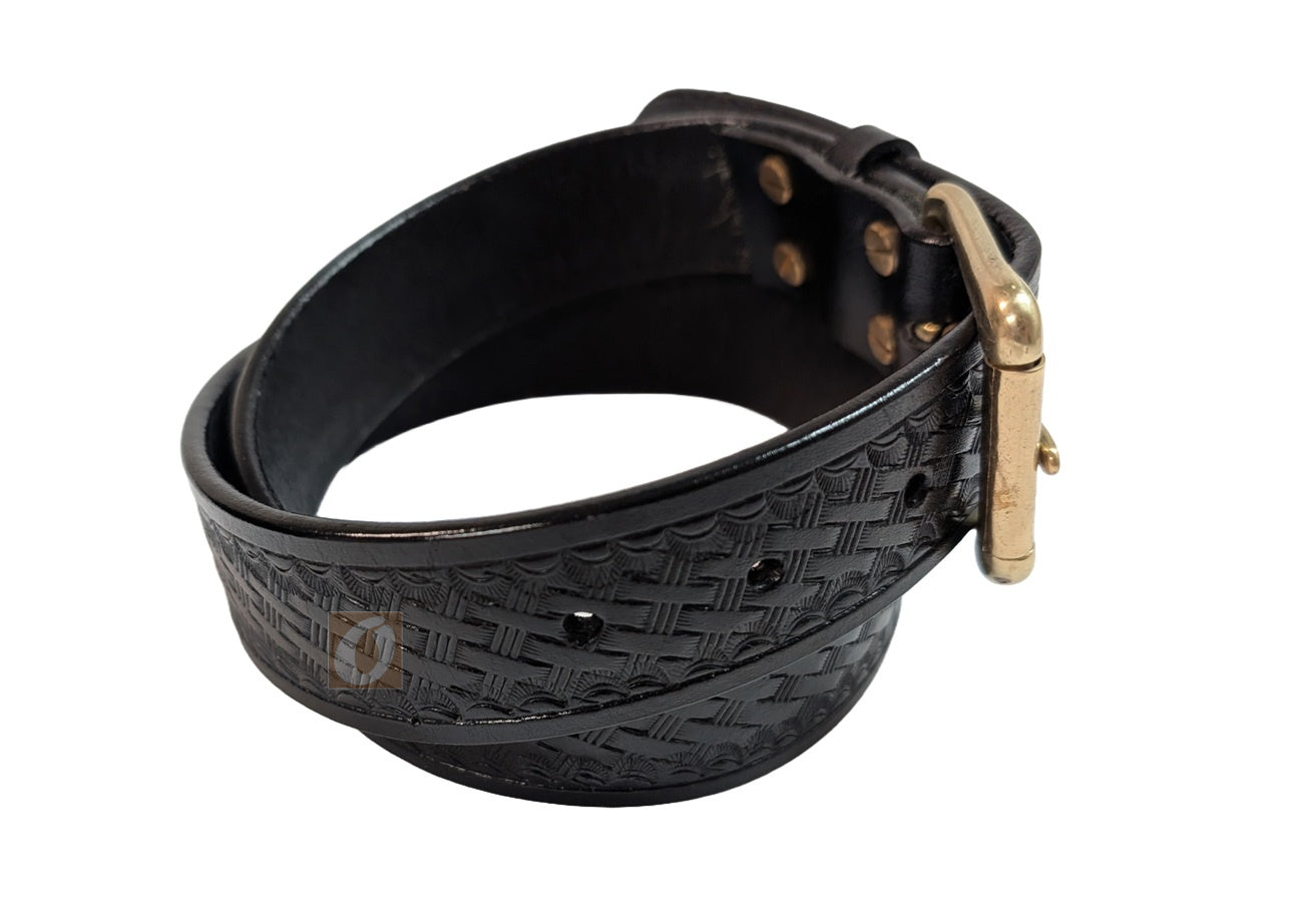 Back view of black leather basket weave tooled belt, a versatile men's belt perfect for work, tactical, uniform, or school belt use.