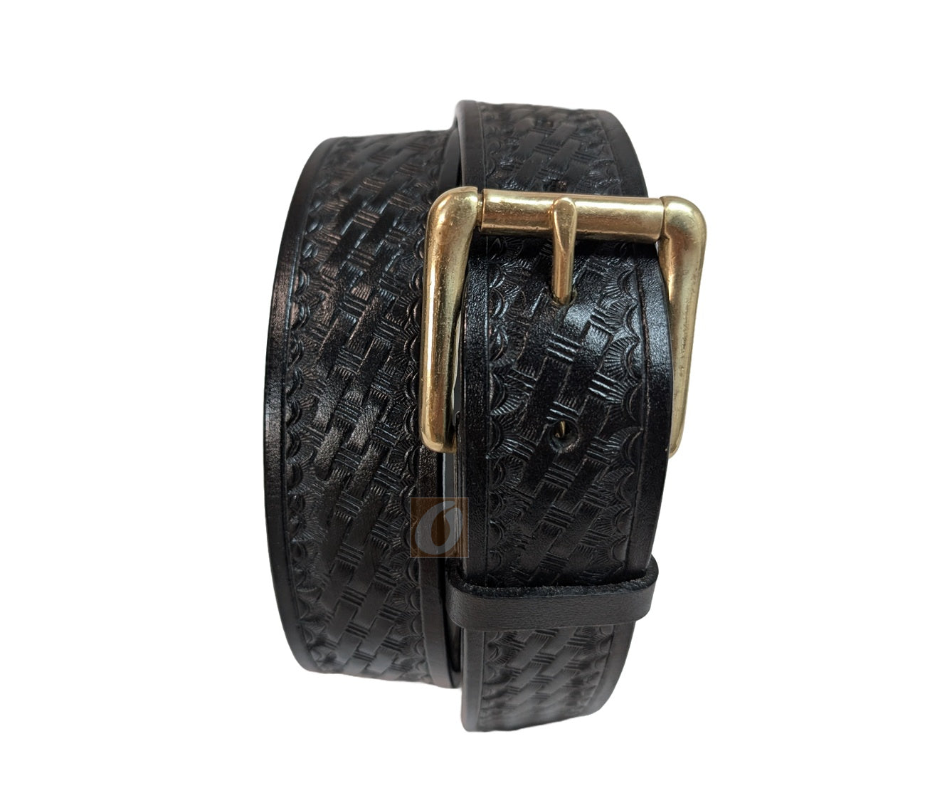 Side view of black leather basket weave tooled belt, showcasing its high-quality design as a men’s tactical belt, work belt, or casual belt. Black leather basket weave tooled belt for men, designed for tactical, work, or formal belt use, offering a stylish and durable fit....