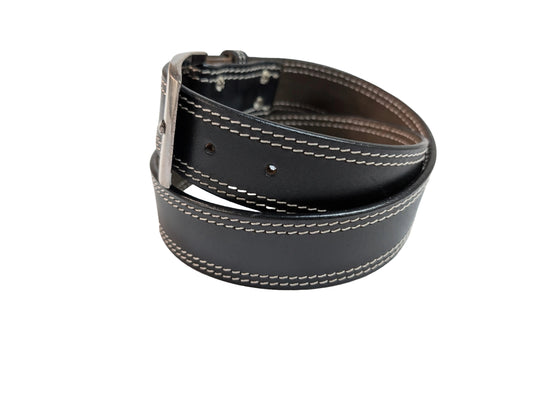 Side view of black leather belt with double white stitching, ideal for men’s work belt, tactical belt, or uniform belt, featuring stylish contrast stitching for added durability