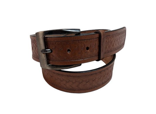 light brown tan scale tooled leather belt for men, ideal for work belt, tactical belt, or casual belt, featuring a unique scale-patterned design