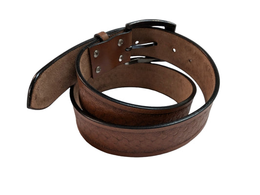 light brown tan scale tooled leather belt, perfect for men’s work belt, tactical belt, or casual wear, showcasing the intricate scale tooling pattern