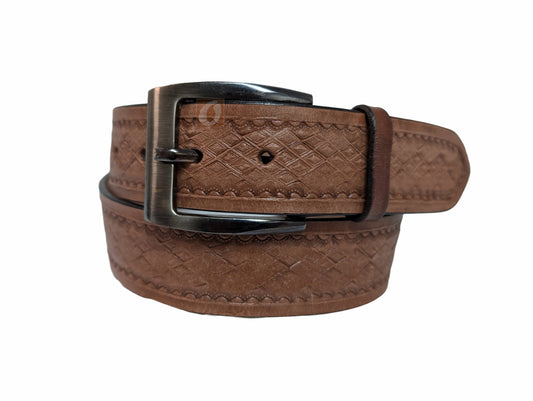 light brown tan diamond tooled leather belt for men, perfect as a work belt, tactical belt, or casual belt, featuring an elegant diamond-shaped pattern