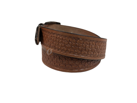 Angled view of light brown tan pinwheel tooled leather belt, perfect for men’s tactical belt, work belt, or casual wear, combining style and durability