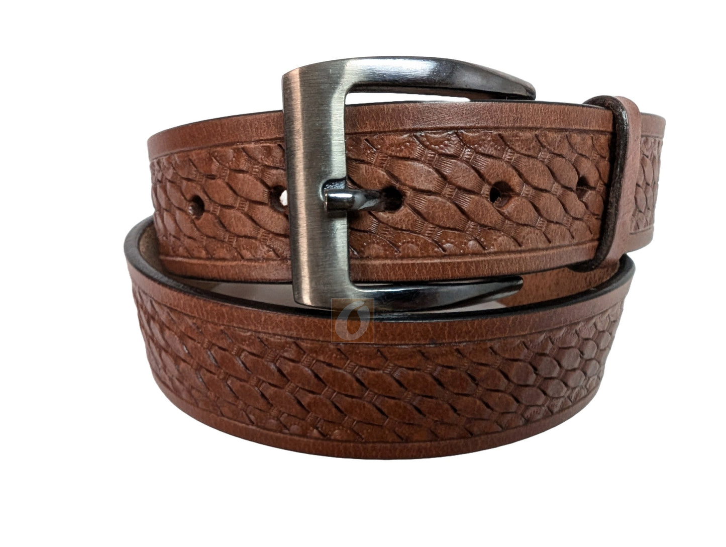 Angled view of light brown tan leather basket weave tooled belt for men, designed for work, tactical, or casual wear, combining durability with a sleek look.