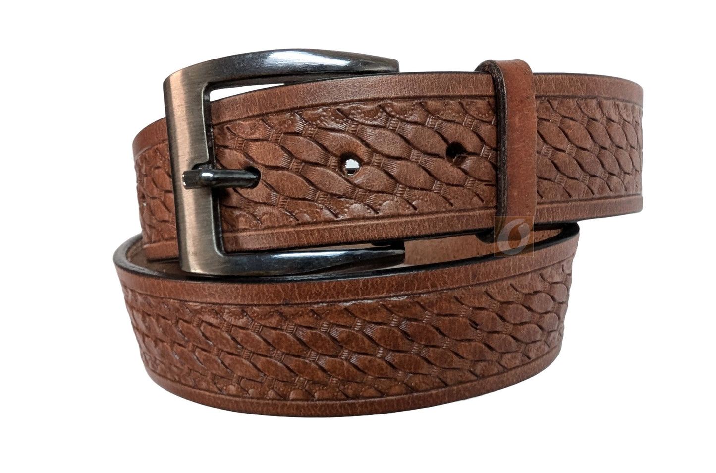 Side view of light brown tan leather basket weave tooled belt, ideal for men’s tactical belt, work belt, or school belt, featuring a stylish and sturdy design