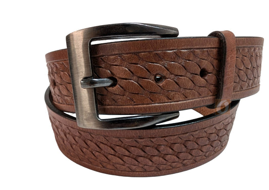 Front view of light brown tan leather basket weave tooled belt, perfect as a men’s belt for work, tactical, or casual belt needs, offering durable craftsmanship