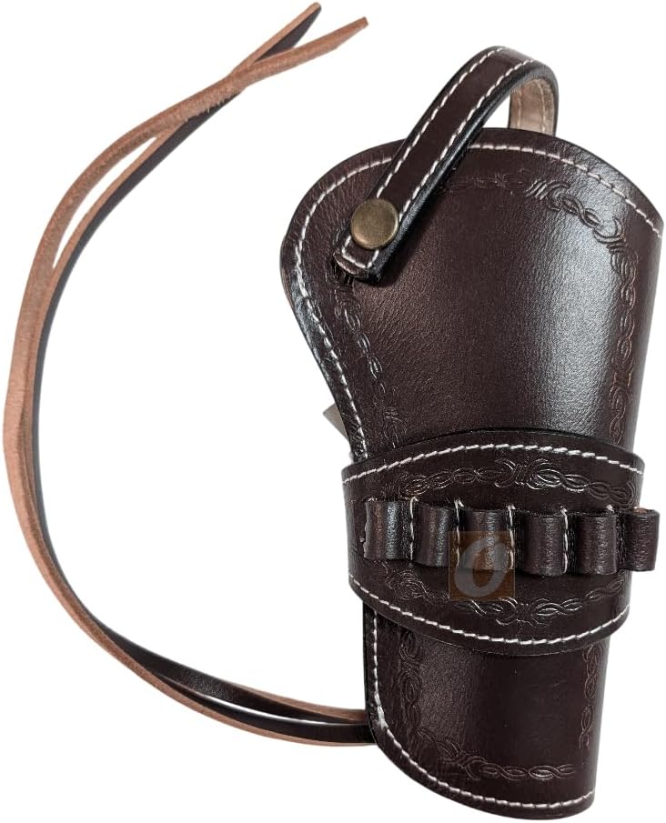 brown leather holster for revolver with ammo holder brown color barbed tooled front view