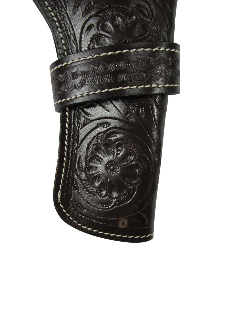 leather holster floral tooled brown color closeup view