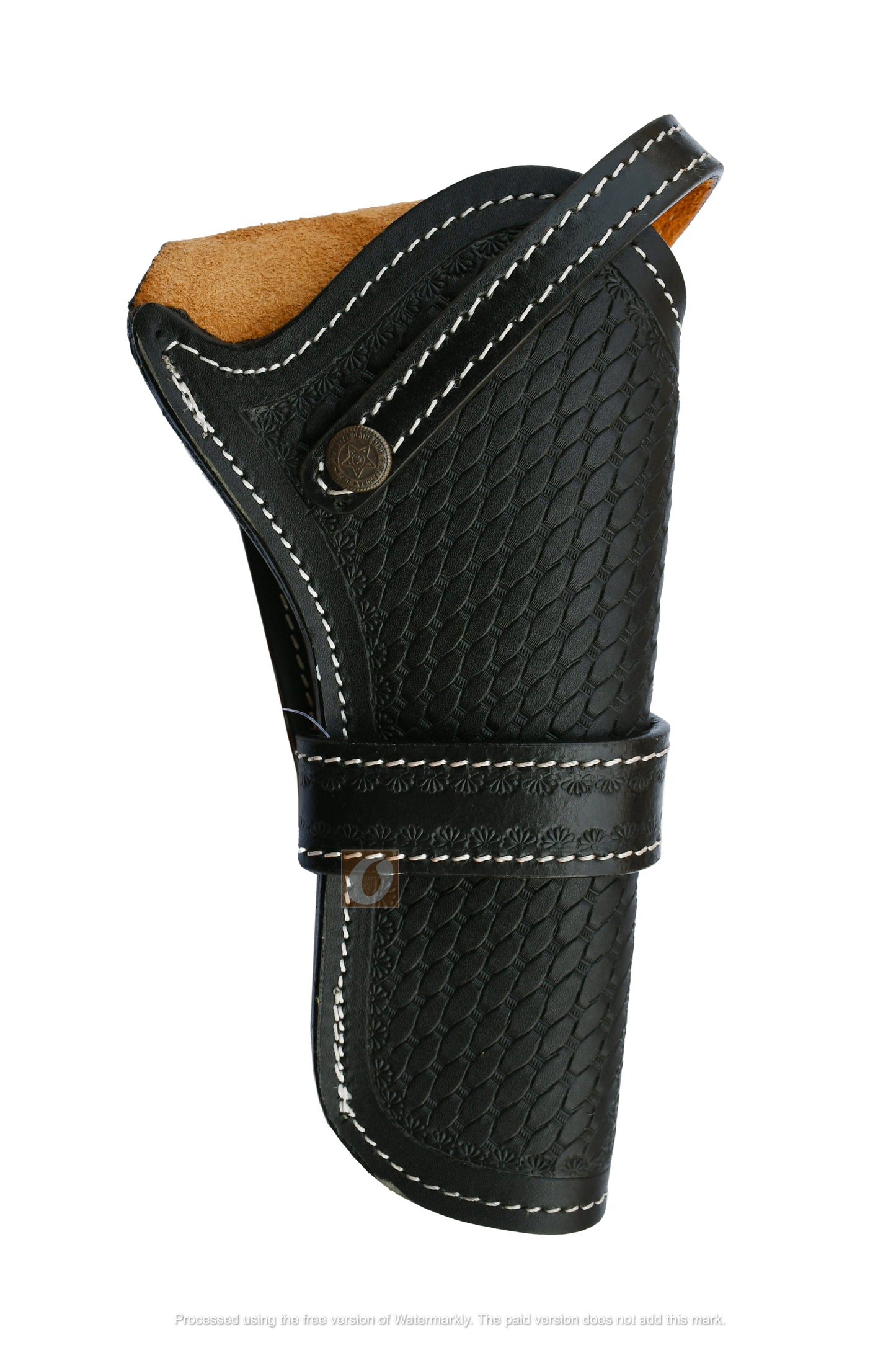 Black basket weave tooled leather holster for revolvers, designed for both right and left-handed use, offering a stylish and durable western holster option.