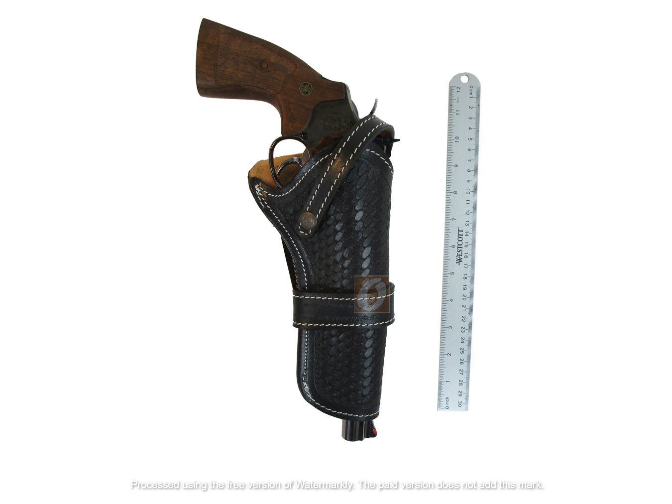 Classic black leather western holster, featuring a basket weave tooled pattern, crafted for revolvers and suitable for right or left-handed users.