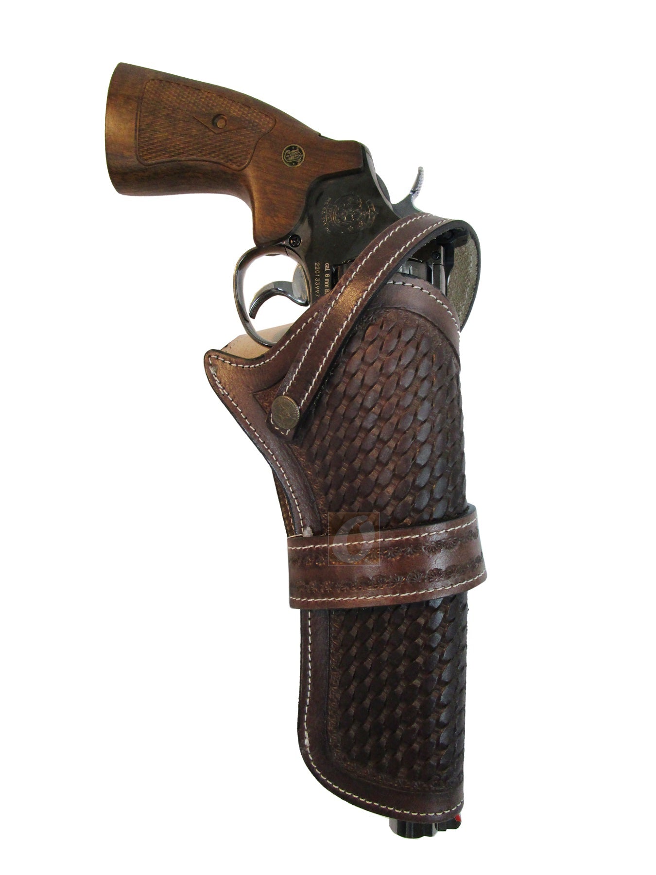 Brown basket weave tooled leather holster, ideal for revolvers, with a classic western design available for both right and left-handed carry.