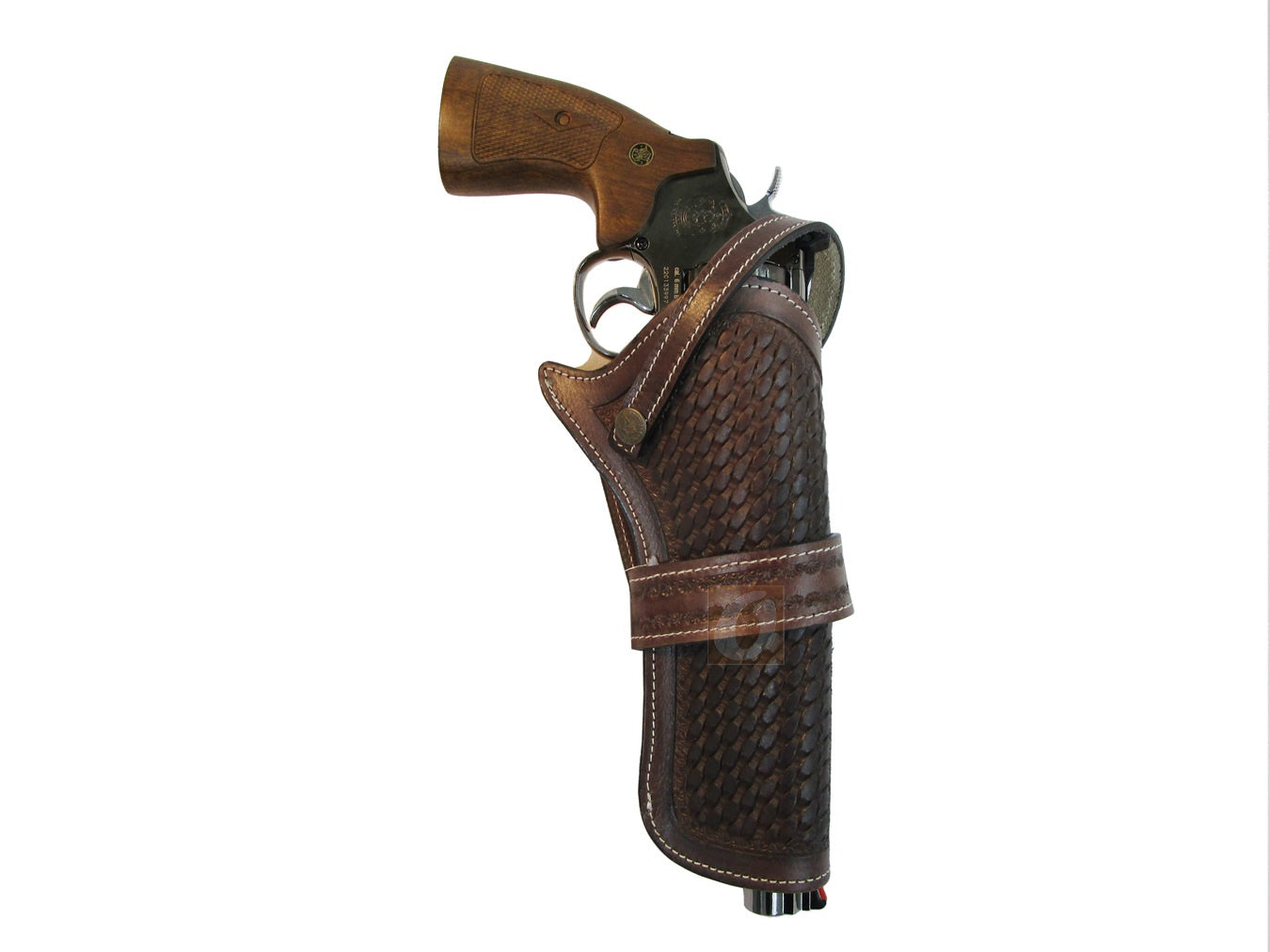Durable brown leather holster with basket weave tooling, perfect for revolvers, available in right or left-handed configurations for western style carry.