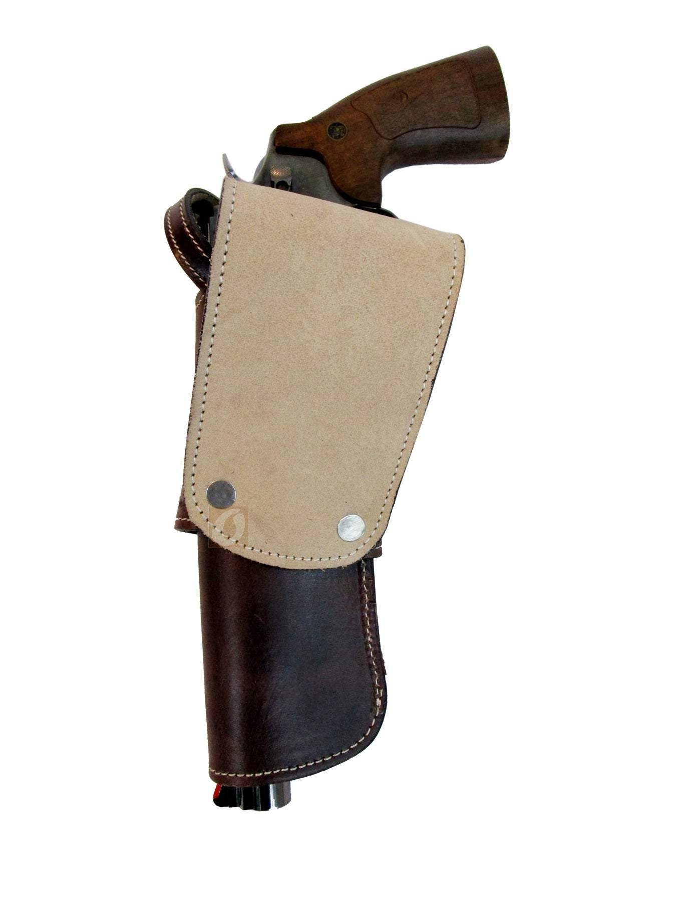 Western-inspired brown leather revolver holster with detailed basket weave tooling, offering both right and left-handed options for versatile use.