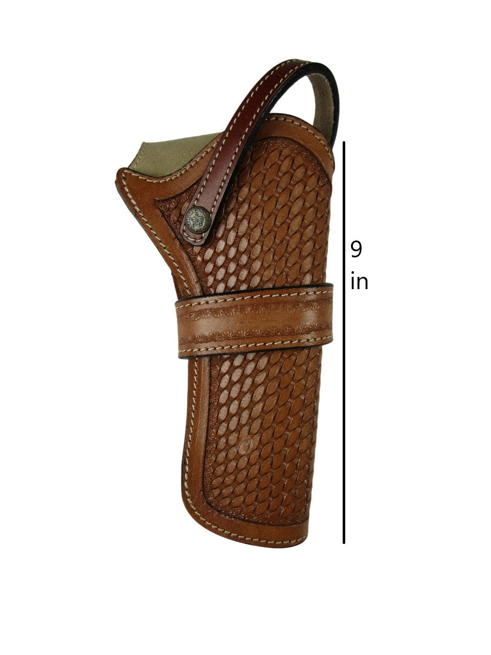 leather holster for revolver tan color front view basket tooled