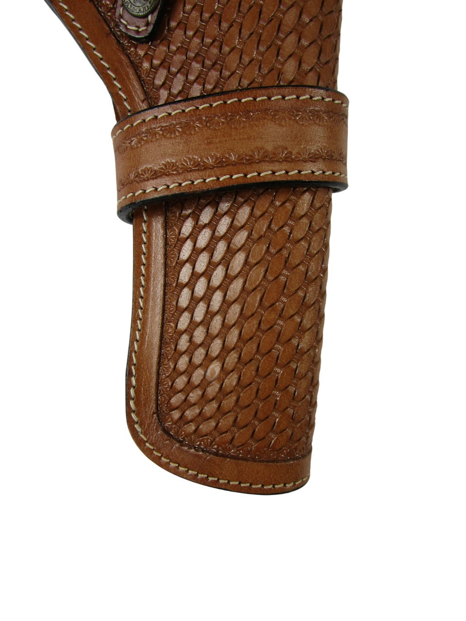 leather holster for revolver tan color close view basket weave tooled