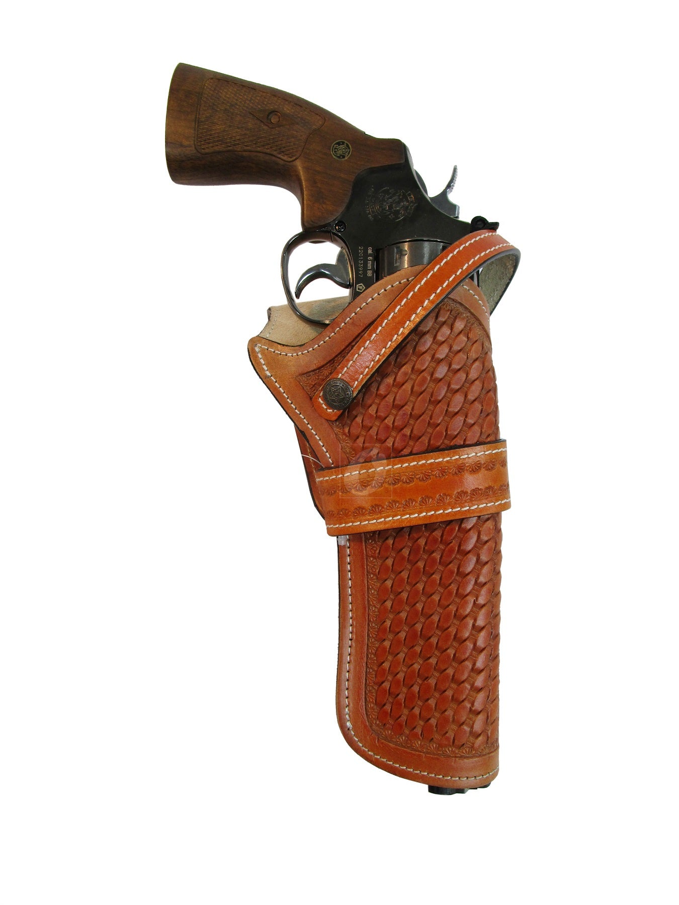 Tan basket weave tooled leather holster, expertly designed for revolvers, available in both right and left-handed options for western holster style.