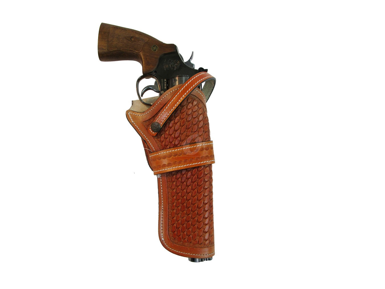Stylish tan leather revolver holster with basket weave tooling, perfect for both right and left-handed users, blending functionality with western flair.