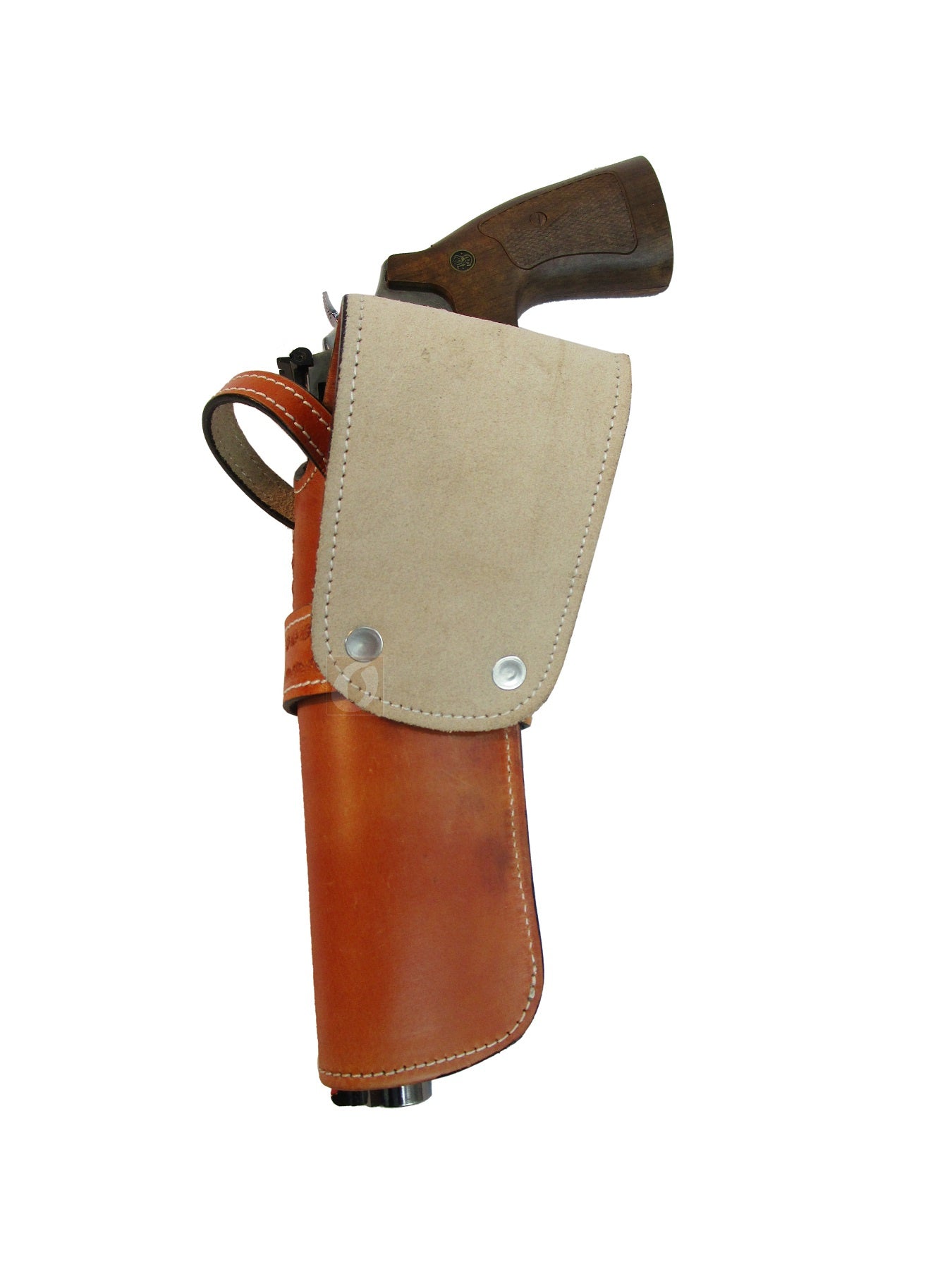 High-quality tan leather western holster with intricate basket weave tooling, ideal for revolvers and available in right and left-handed configurations.