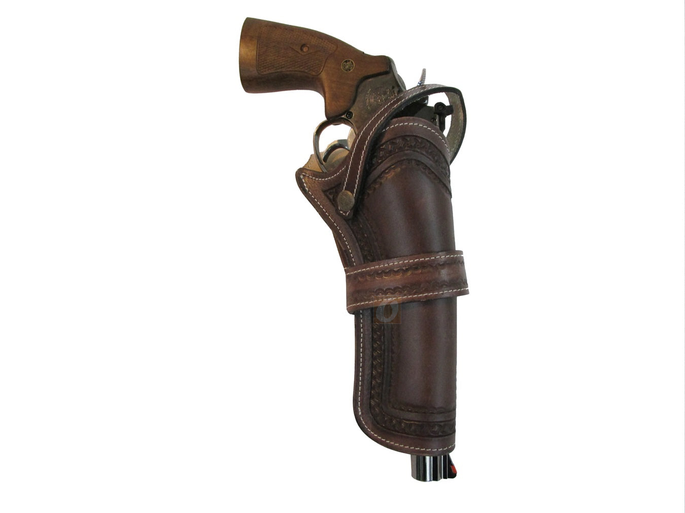 High-quality brown leather holster with intricate pinwheel tooling, perfect for revolvers, and available in right or left-handed options.