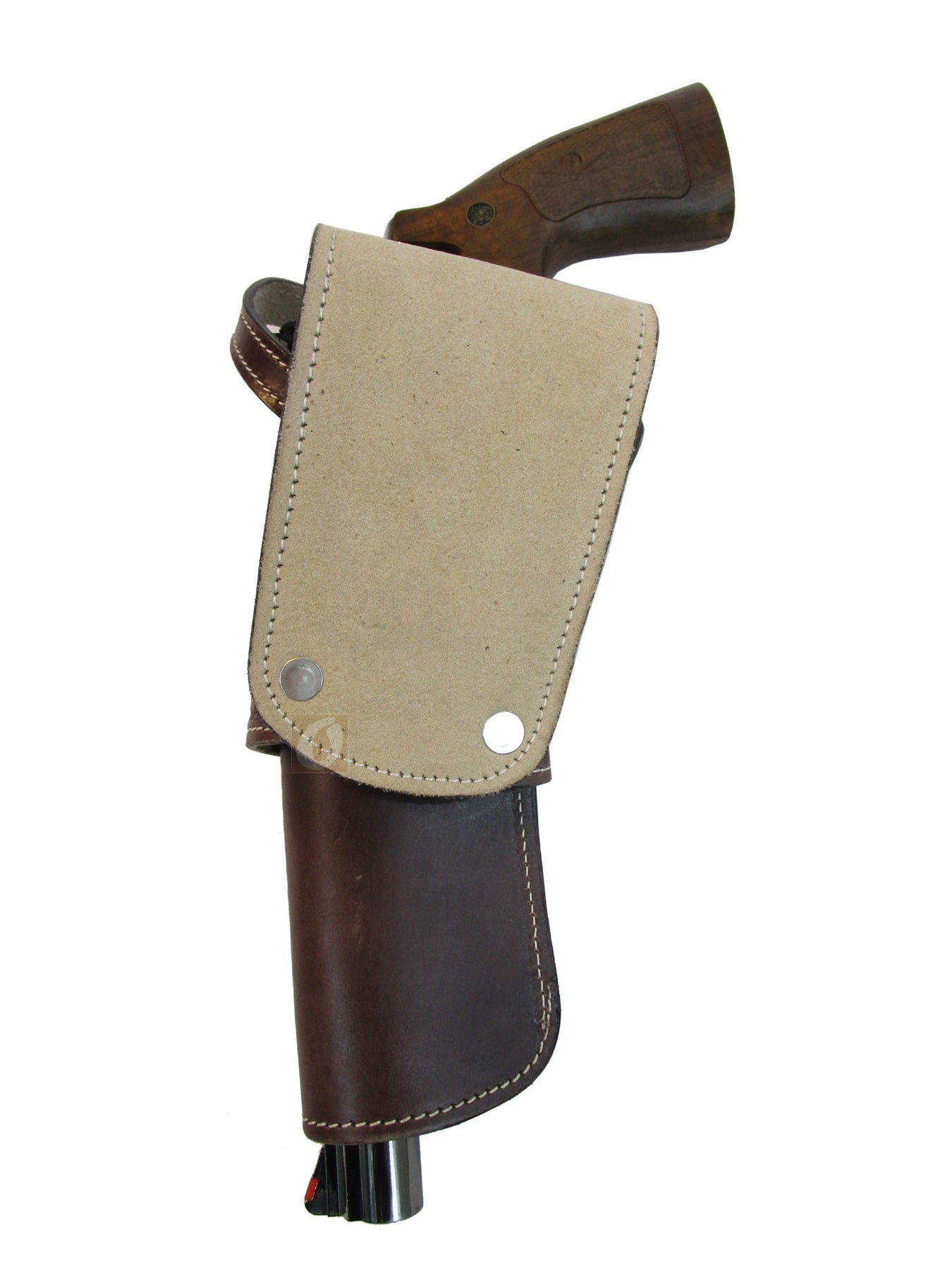 Stylish brown leather holster with unique pinwheel tooled design, ideal for revolvers and designed for both right and left-handed carry.