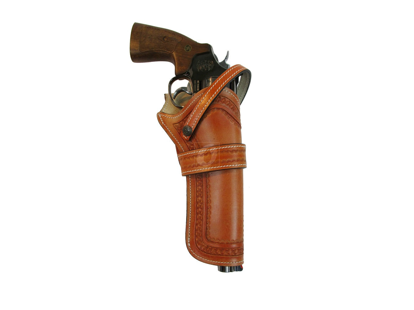 Handcrafted tan leather holster featuring pinwheel tooling, perfect for revolvers, and offered in both right and left-handed designs.