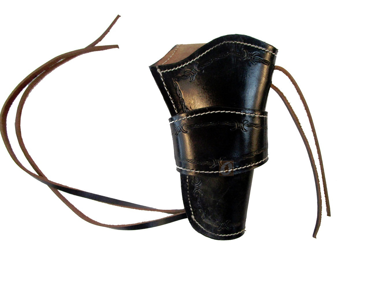 Revolver holster in black leather, designed for long barrel and single-action revolvers, with superior craftsmanship.