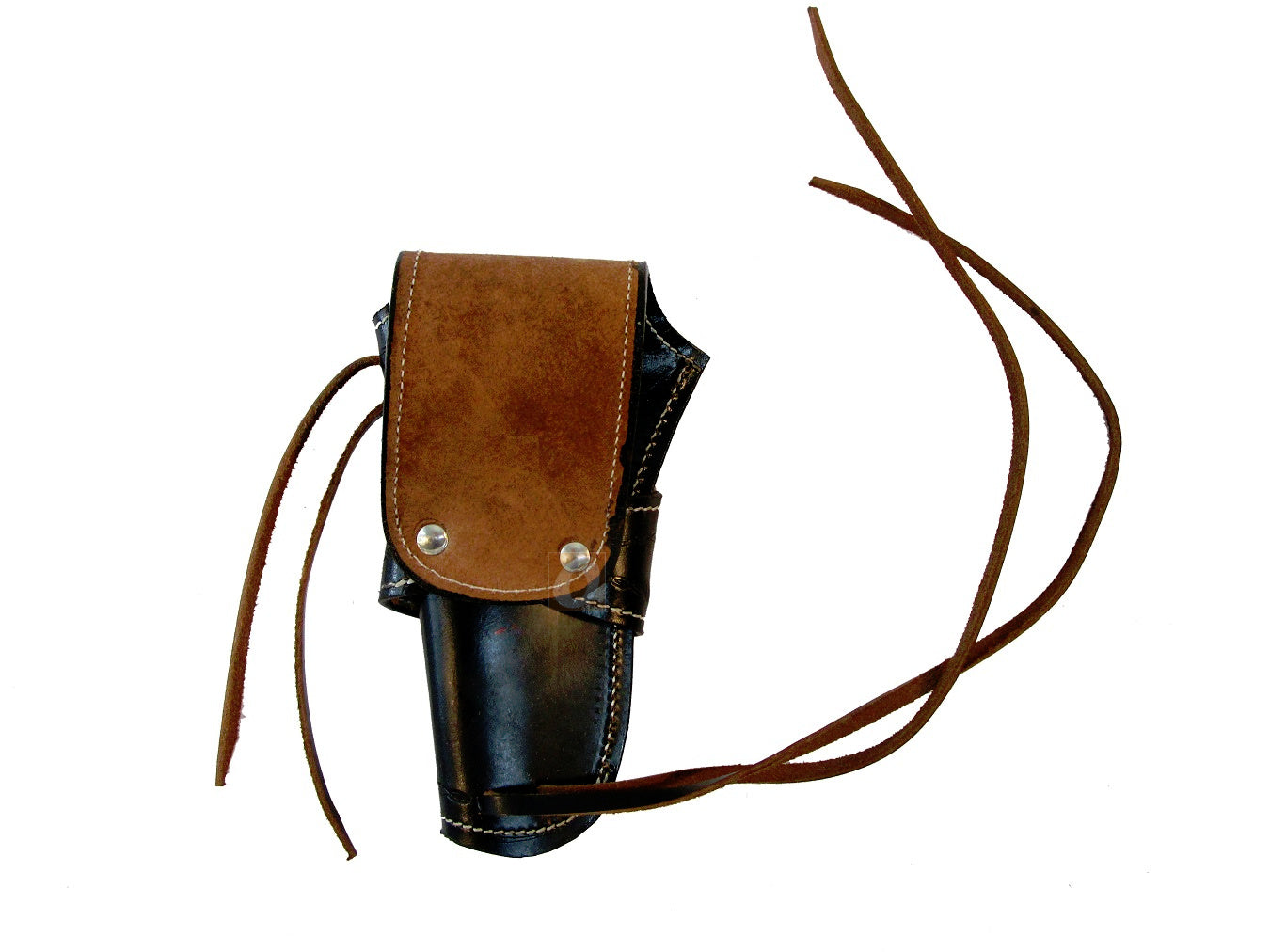 Handcrafted black leather holster for revolvers, designed to hold long barrel revolvers and 1911s securely.