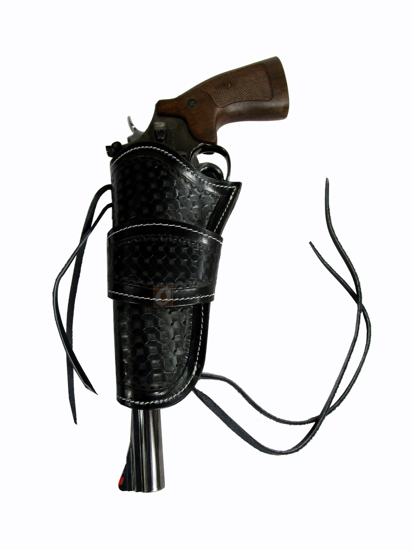 Durable black leather holster, tailored for long barrel revolvers, with a sleek design perfect for both right and left-handed carry.