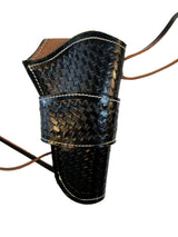 Black leather holster for revolvers, designed for secure and comfortable carry, perfect for both long barrel revolvers and 1911 pistols.