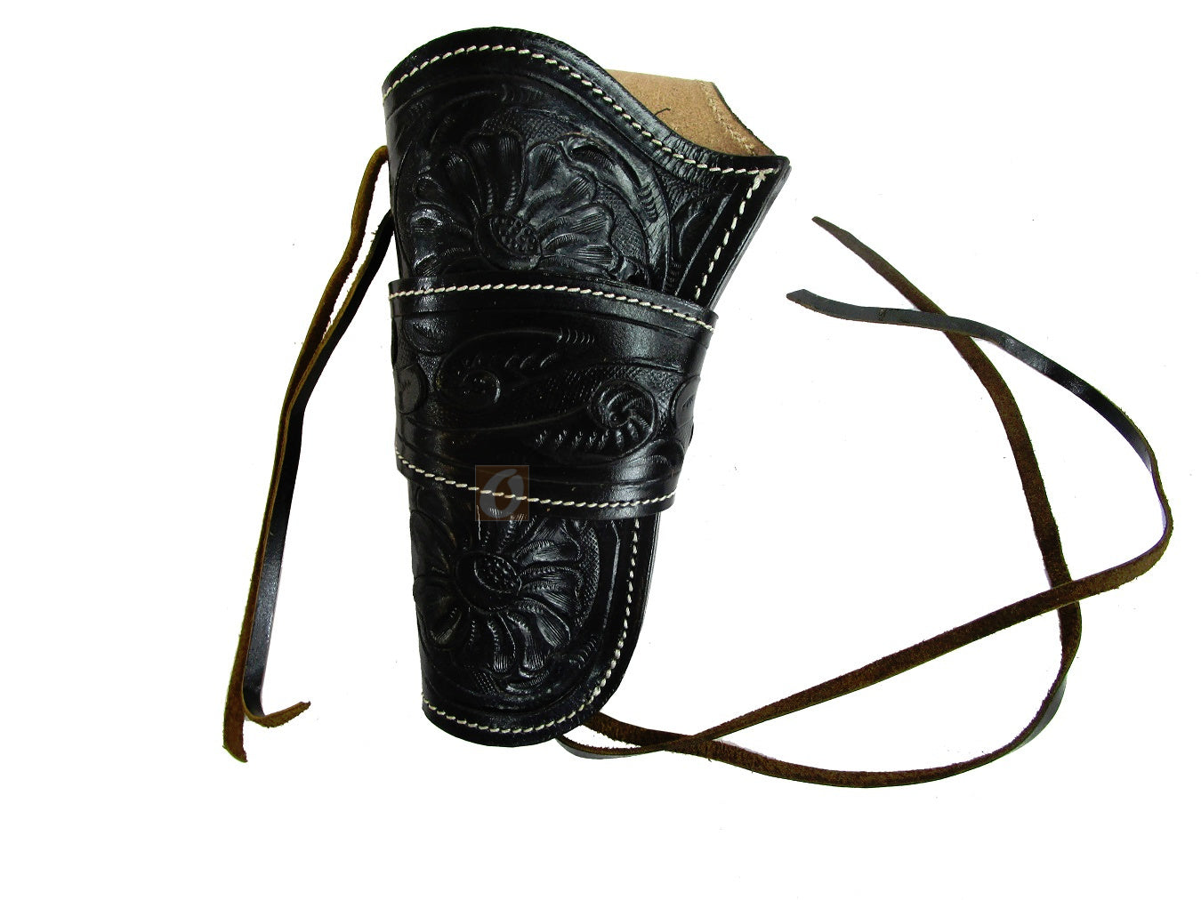 Durable black leather revolver holster with a custom fit for single-action revolvers and long barrel models, designed for western-style carry.