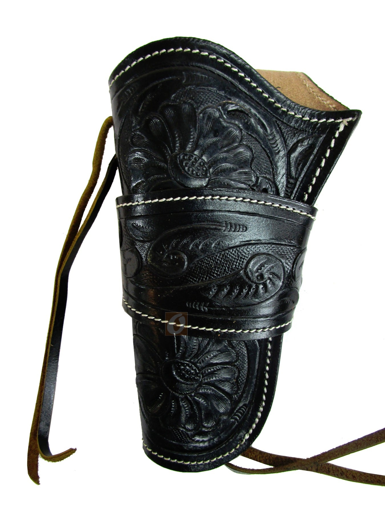 Classic black leather holster with intricate craftsmanship, perfect for revolvers, 1911 pistols, and long barrel revolvers.