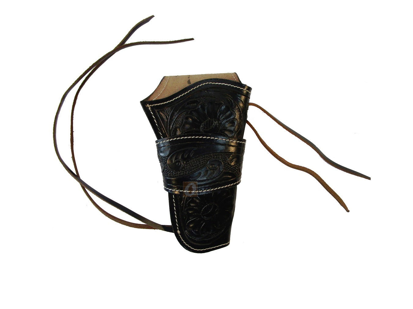 Black leather revolver holster featuring a timeless western design, perfect for carrying single-action revolvers and long barrel pistols.