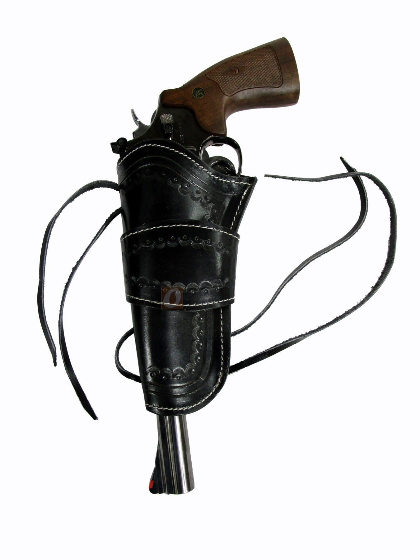 Black leather holster, custom-fit for long barrel revolvers, designed for comfort, durability, and ease of access in any situation.