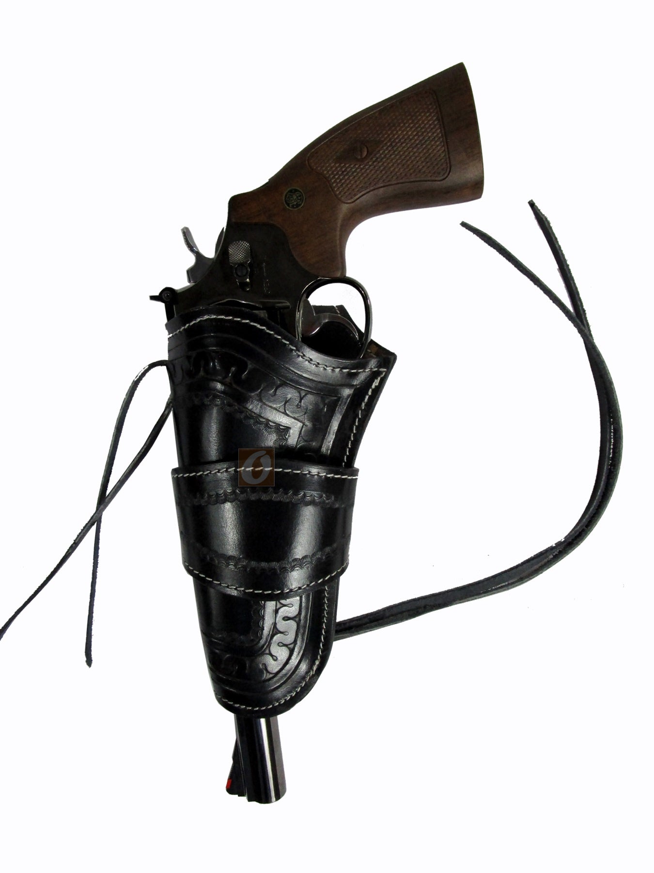 Black leather holster with intricate snake tooling, designed for revolvers and 1911 pistols. Unique design adds a bold, stylish touch while providing a secure, comfortable fit. Left handed holsters