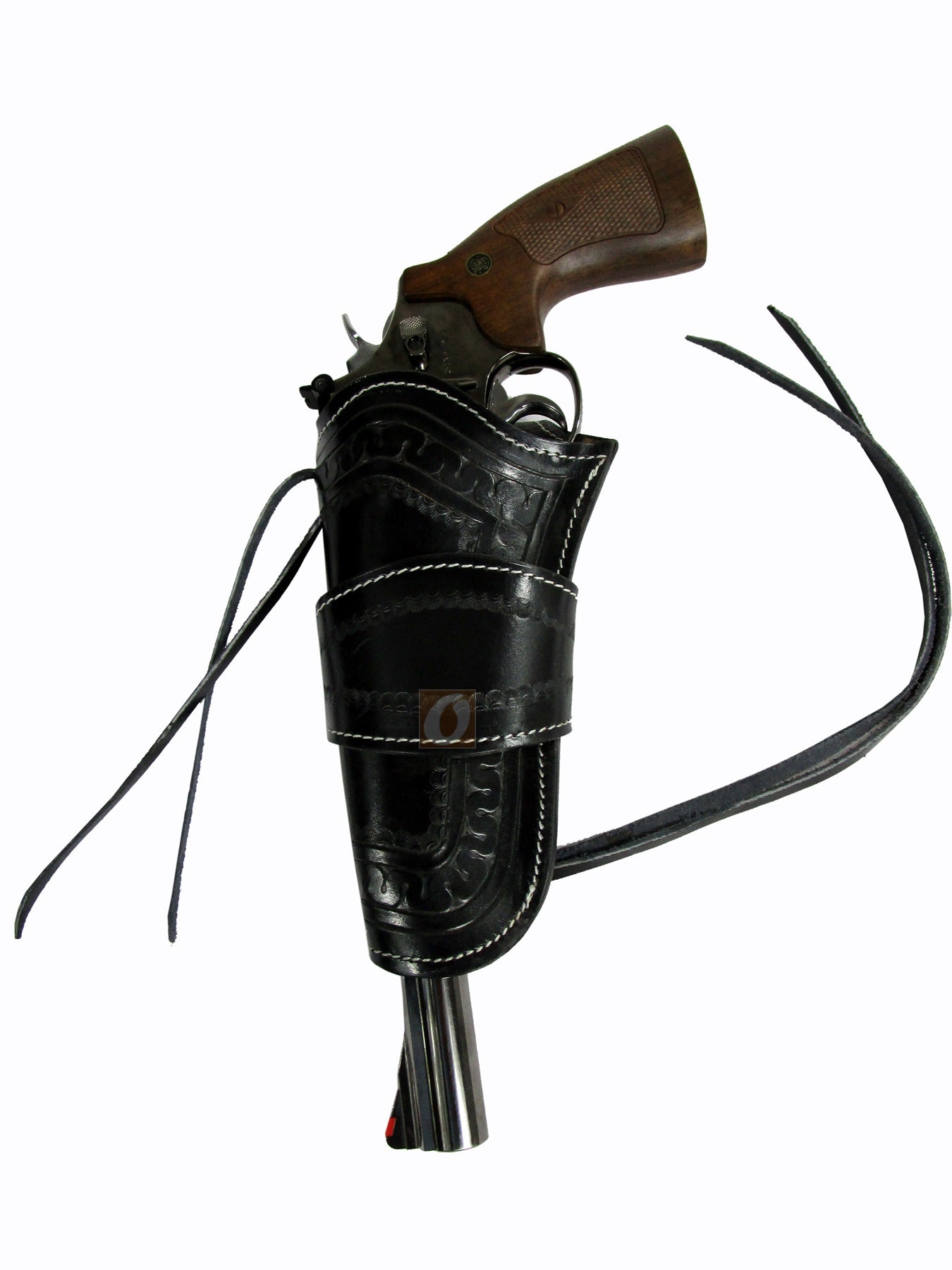 Black leather holster featuring detailed snake tooling, perfect for 1911 and revolver pistols. Offers secure, comfortable carry with a unique and eye-catching design.