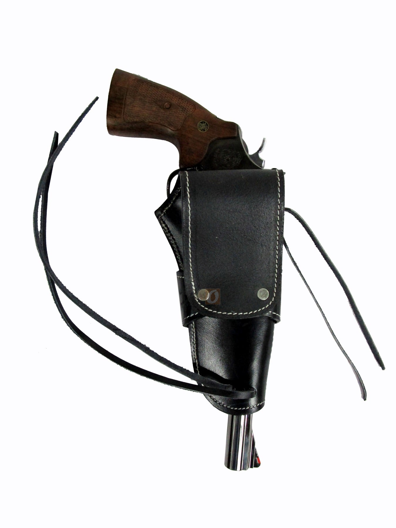 back view of leather gun holster designed to fit 1911 and smith wesson , ruger , colt revolvers.