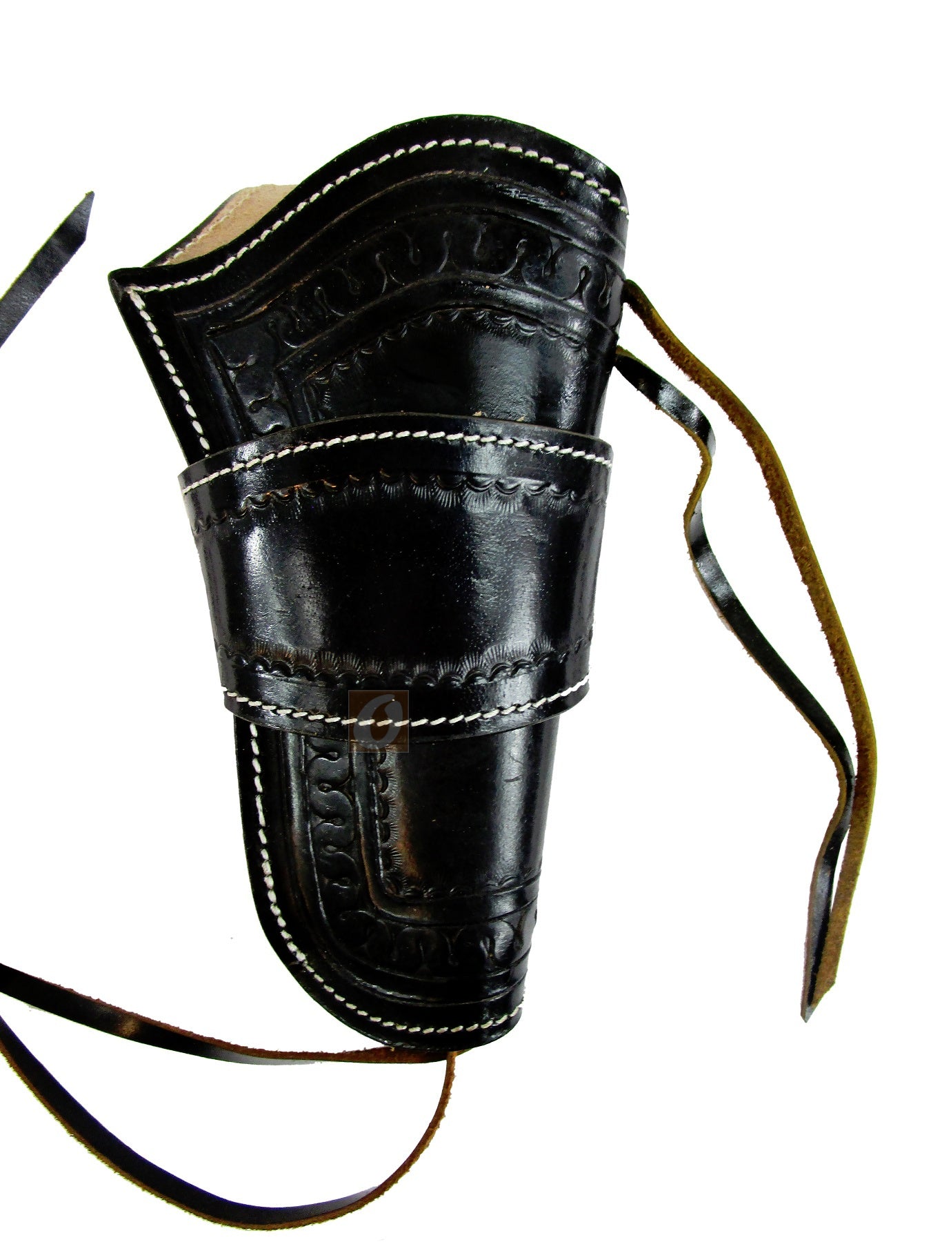 Durable black leather holster designed for long barrel revolvers, featuring a secure fit and western-style look, perfect for everyday carry.