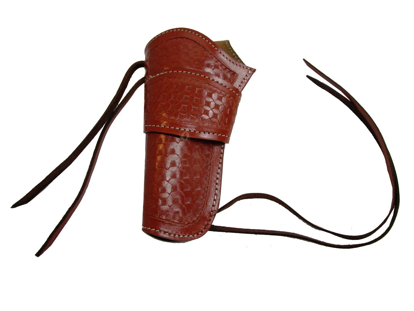 High-quality red leather holster, perfect for single-action revolvers, offering durability and a classic western appearance.