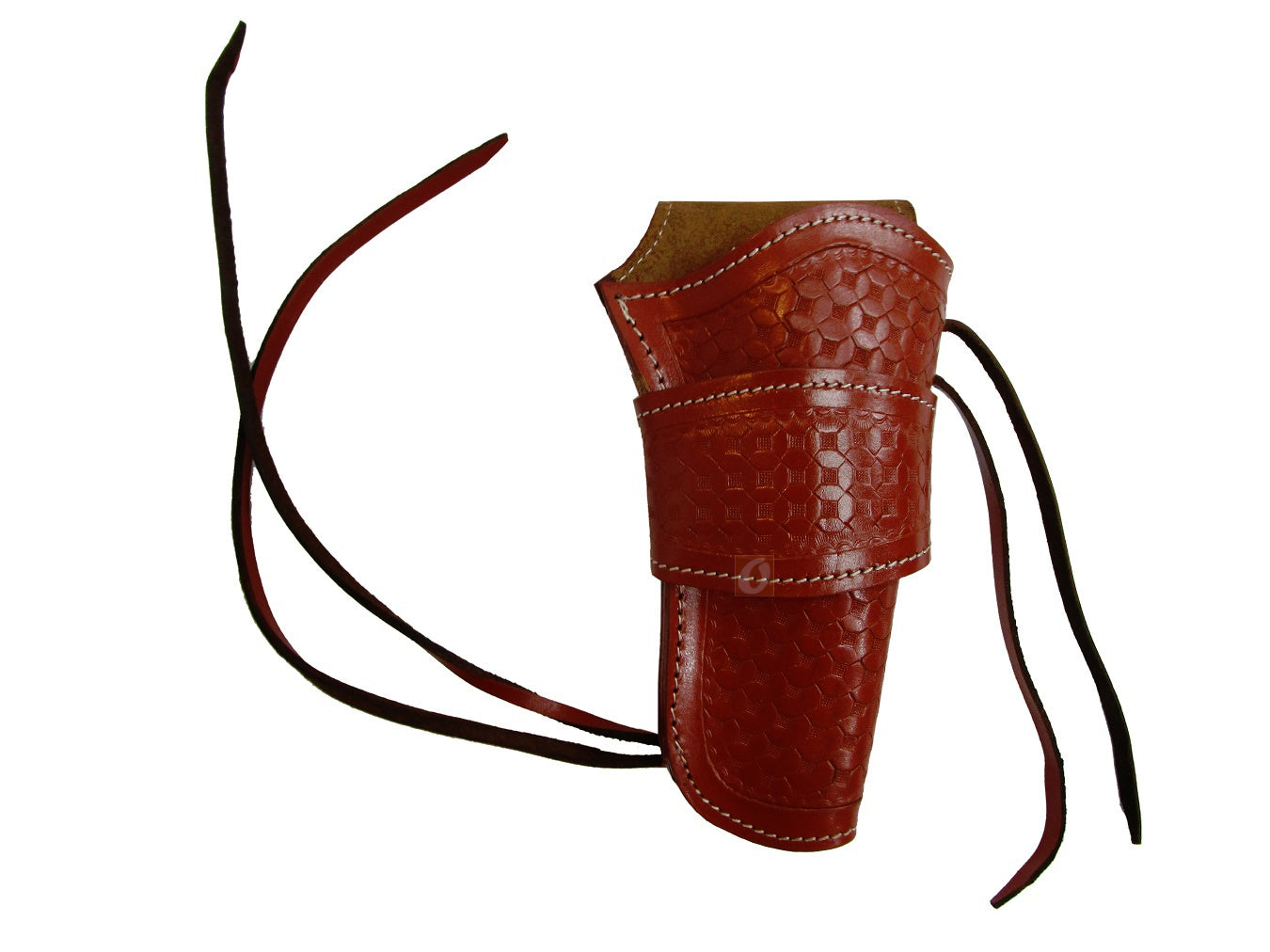 red leather holster, designed for single-action revolvers, combining a timeless western design with secure and reliable performance.
