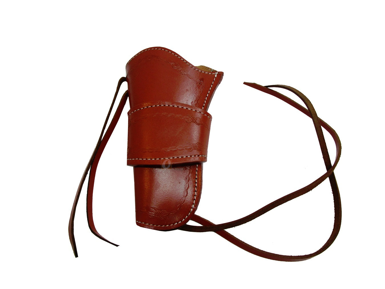 red leather holster tailored for long barrel revolvers, designed for secure and quick access while maintaining a comfortable fit.