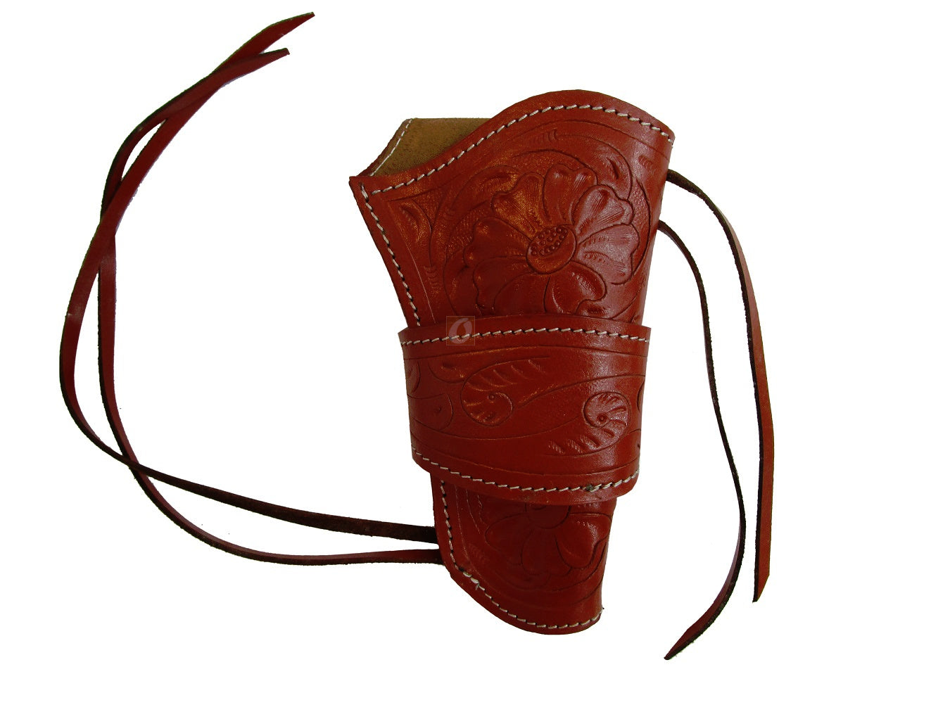 Red leather holster designed for revolvers and long barrel models, offering secure carry and easy access with a premium western design.