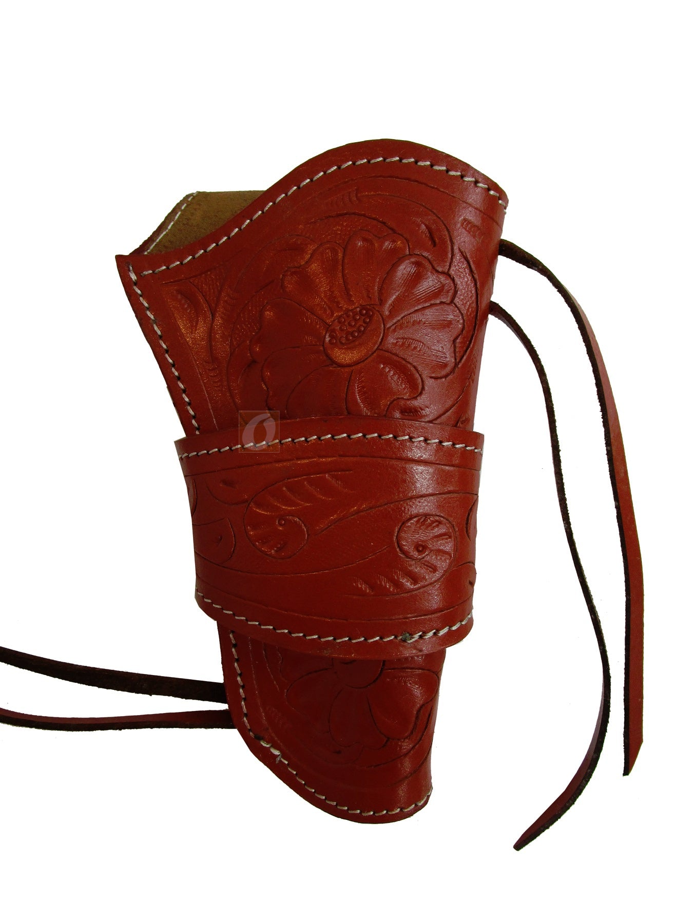 Red leather holster, crafted for long barrel revolvers, providing maximum comfort and durability for everyday carry and tactical use.