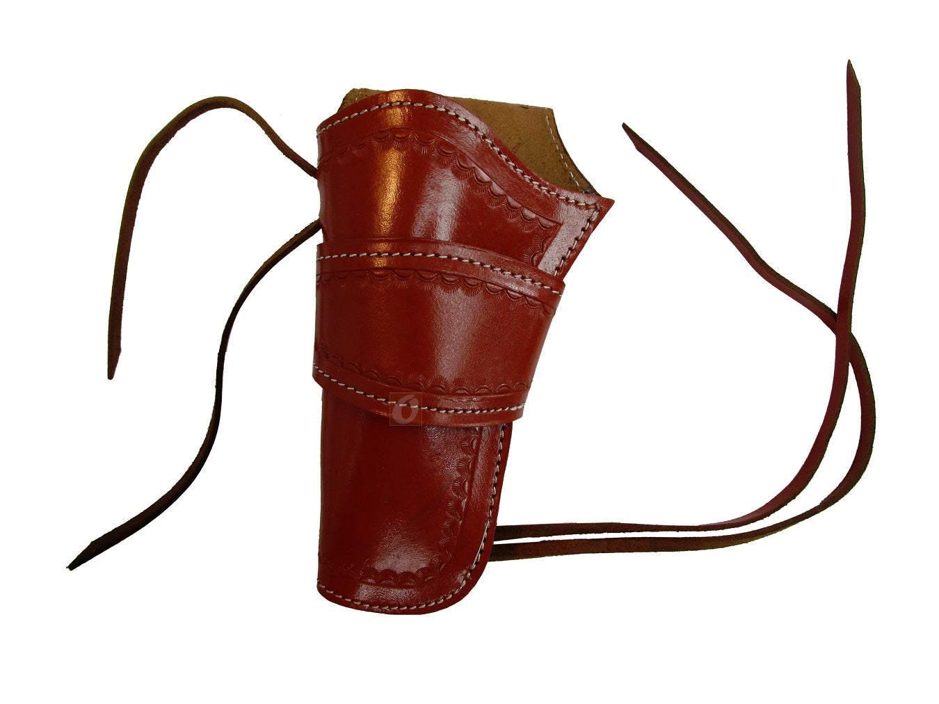 Durable red leather holster designed to fit long barrel revolvers, combining comfort and secure carry in a classic western holster style.