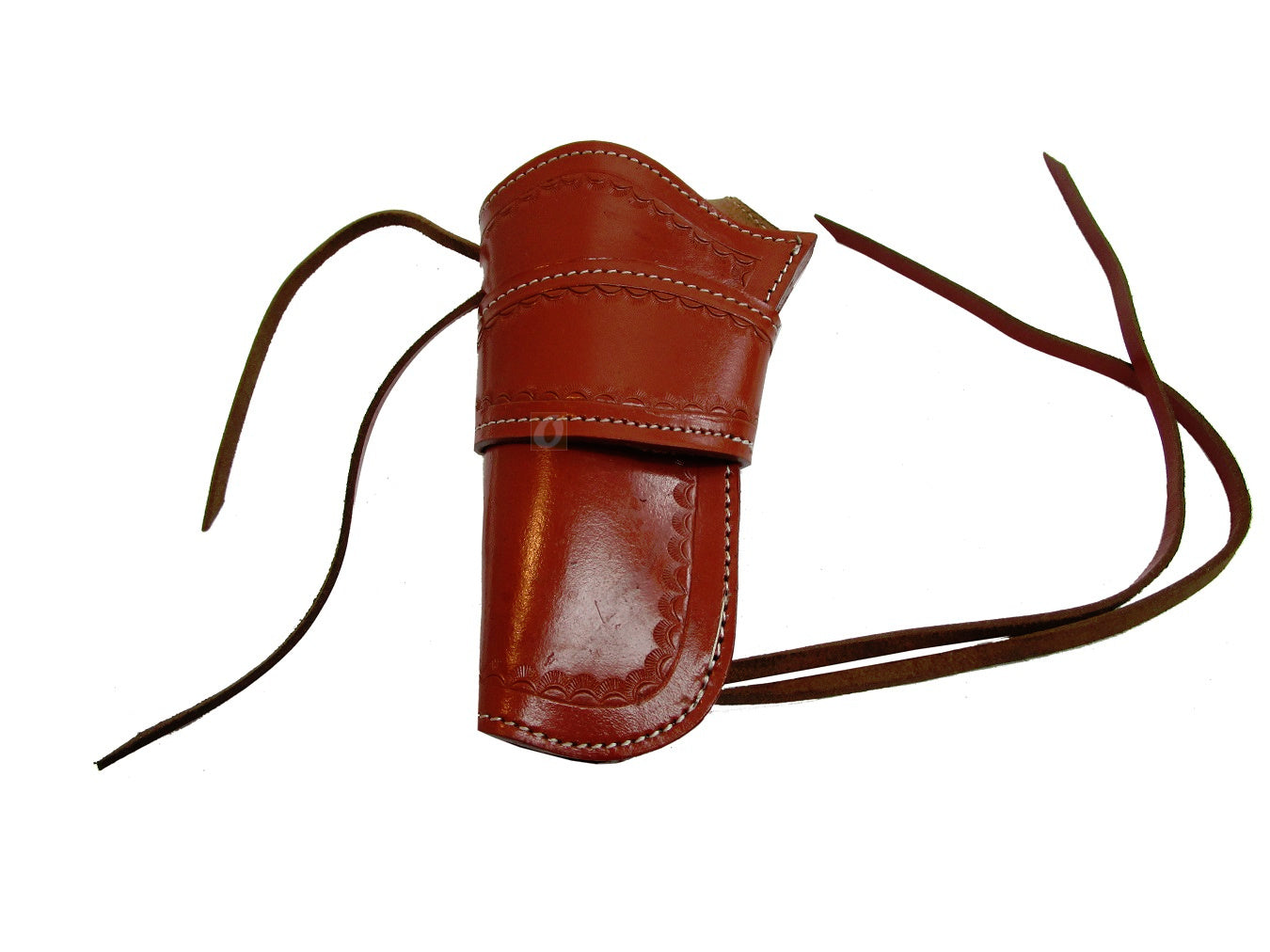 Red leather holster designed for long barrel revolvers, featuring a sleek, custom fit and western-inspired craftsmanship for lasting durability.