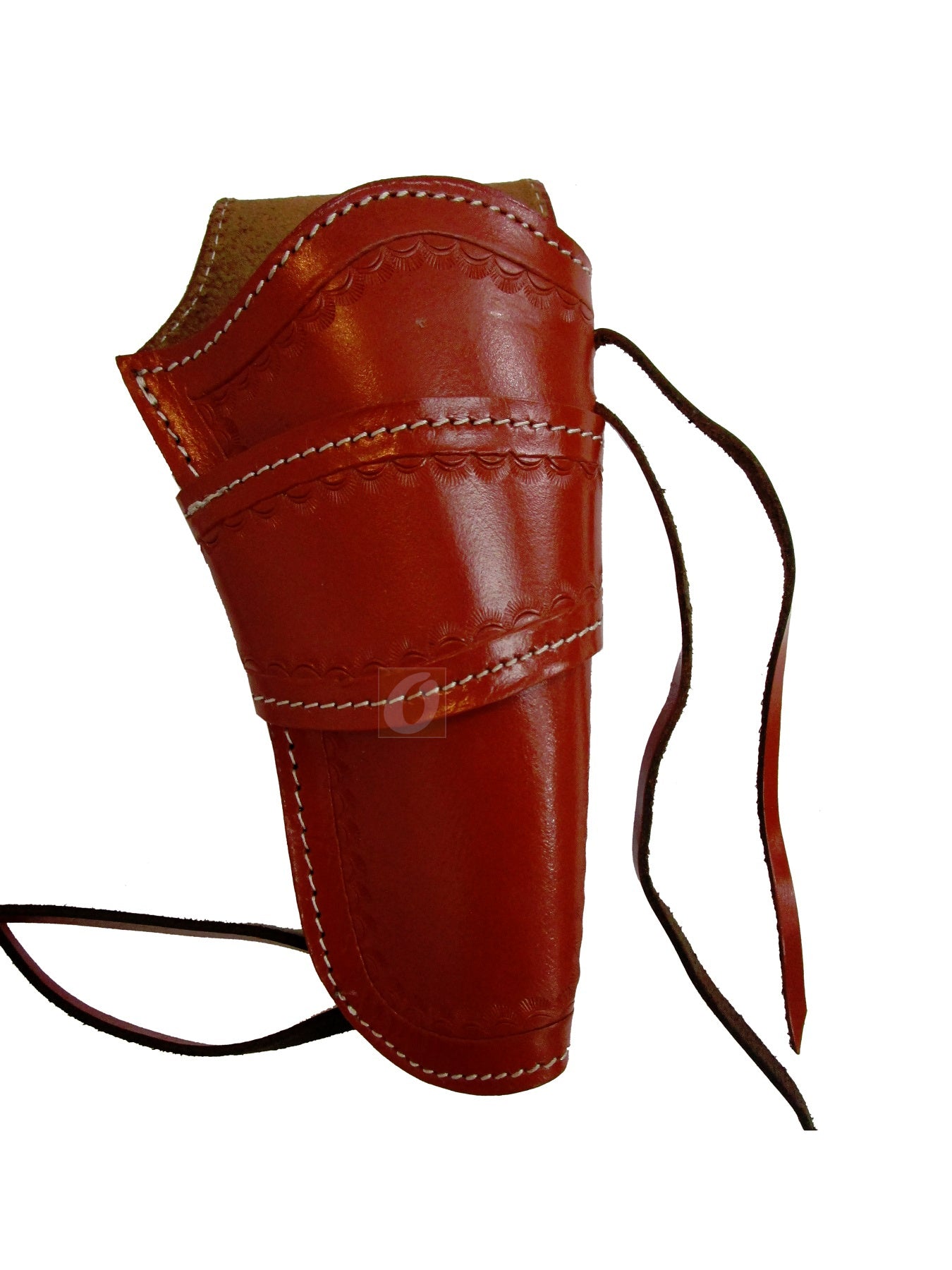 Red leather holster with a custom fit for long barrel revolvers, offering a sleek design and maximum security for concealed or open carry.