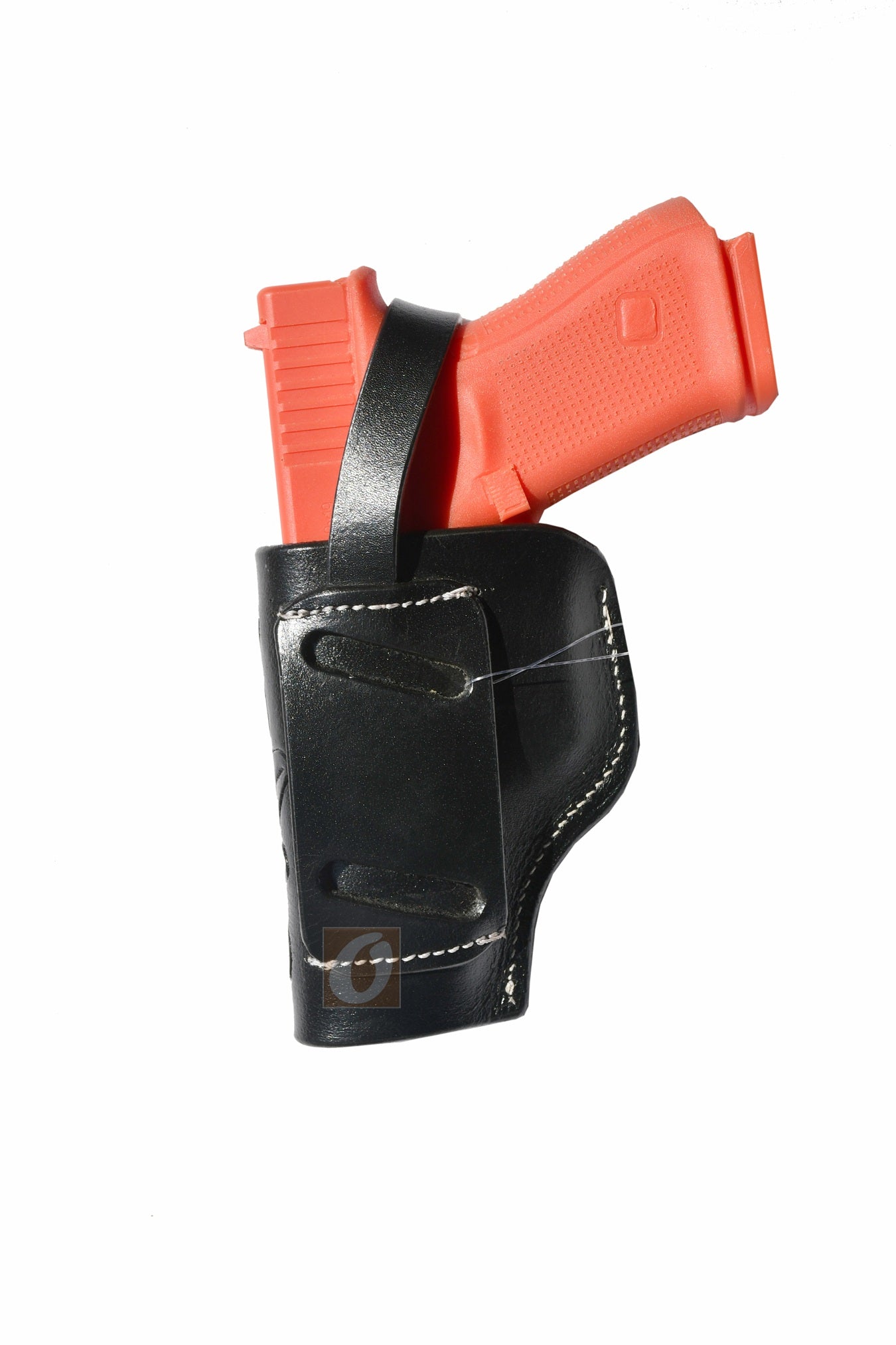 Back view of black leather Glock holster, right handed, showing premium craftsmanship and sturdy design for concealed carry