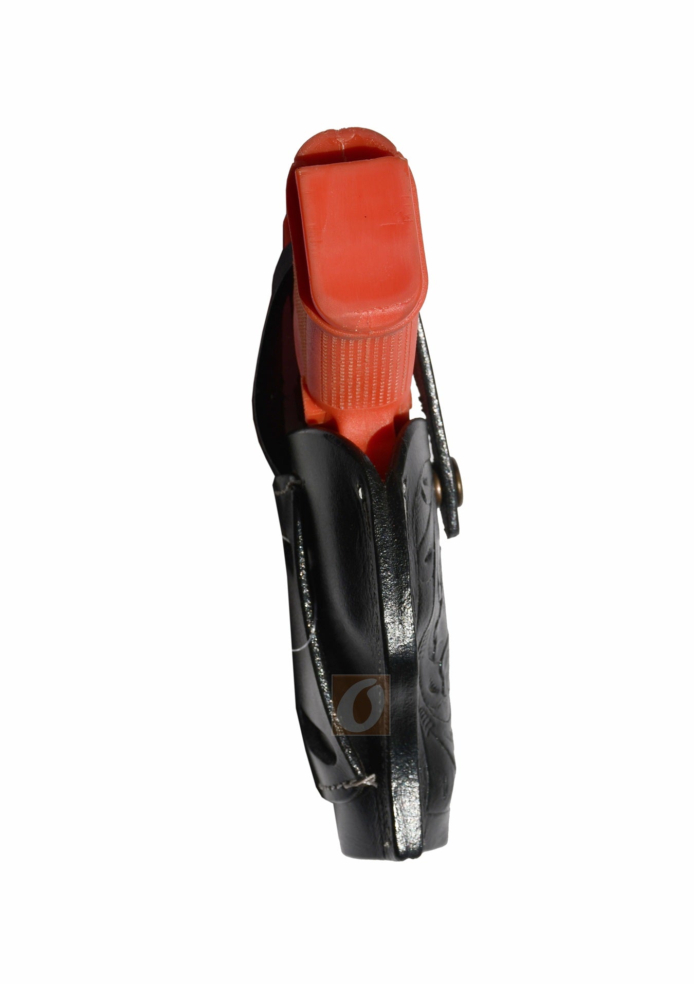 Side view of black leather Glock holster, right handed, showcasing floral tooling for a stylish and secure concealed carry holster
