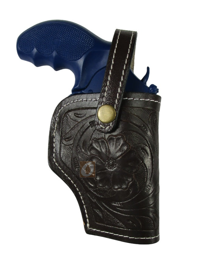 leather holster for S&W Model 60 brown color right hand floral tooled front view
