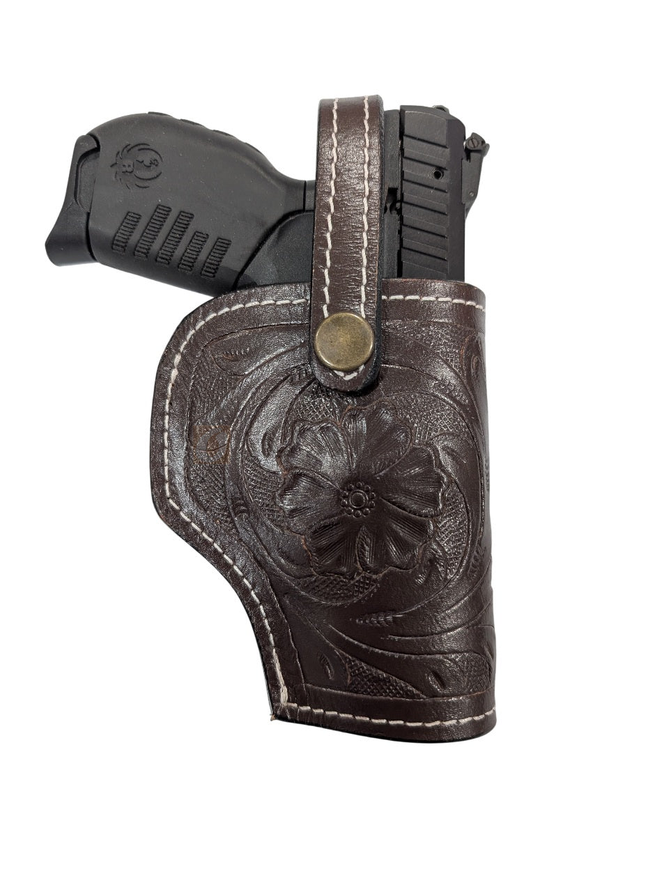 SR 22LR leather holster brown color front view floral tooled