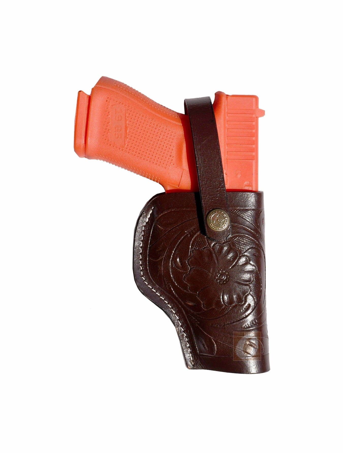 Brown leather Glock holster, right handed, featuring detailed floral tooling design, perfect for concealed carry